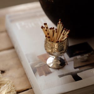 Pode incluir: Uma pequena ta&ccedil;a de prata ornamentada, cheia de f&oacute;sforos de madeira com pontas castanhas. A ta&ccedil;a est&aacute; colocada em cima de um livro grande, com um objeto escuro e arredondado no fundo. A cena &eacute; iluminada por luz natural, criando um ambiente acolhedor.