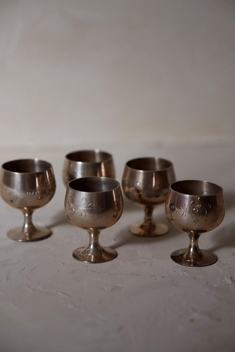 Pode incluir: Seis c&aacute;lices prateados com hastes curtas e ta&ccedil;as arredondadas est&atilde;o dispostos sobre uma superf&iacute;cie clara. Alguns c&aacute;lices t&ecirc;m desenhos florais ou de volutas gravados. Os c&aacute;lices s&atilde;o provavelmente para servir bebidas.
