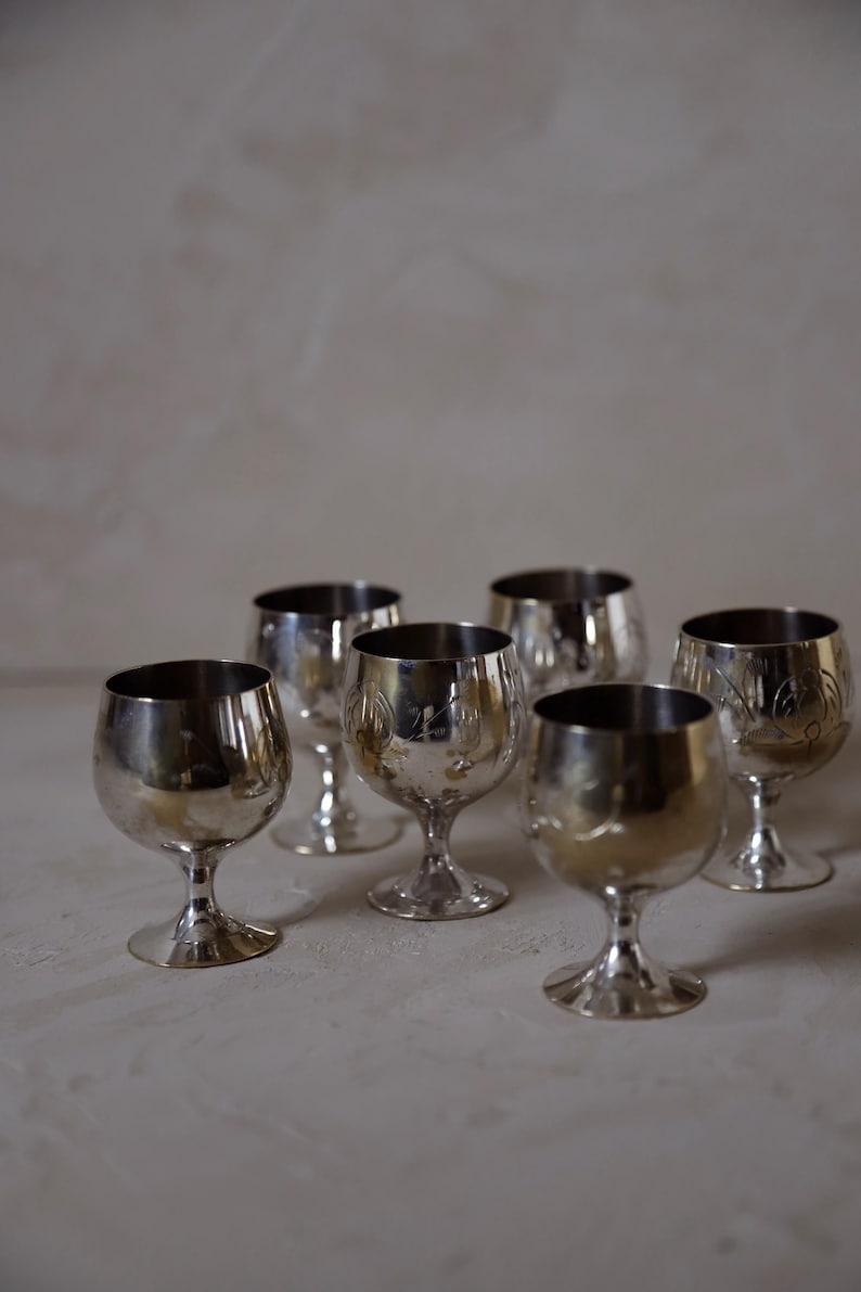 Pode incluir: Seis ta&ccedil;as de vinho prateadas com uma superf&iacute;cie refletora. As ta&ccedil;as t&ecirc;m uma haste curta e uma ta&ccedil;a arredondada. Algumas ta&ccedil;as t&ecirc;m um desenho floral gravado. As ta&ccedil;as est&atilde;o dispostas sobre uma superf&iacute;cie clara.