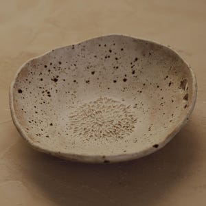 May include: A speckled, off-white ceramic bowl with an organic shape. The bowl features a textured, floral-like design in the center and small holes near the rim. The bowl is likely used for serving food or as a decorative piece.