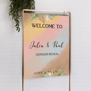Welkomstpaneel gender reveal pastel, verjaardag, bruiloft, afdrukbaar digitaal bestand