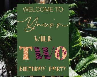 Cartel de bienvenida de safari, jungla de fiesta de cumpleaños salvaje, fiesta de safari de animales, imprimible digital