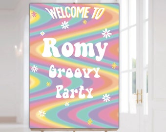 Groovy cumpleaños Cartel de bienvenida, imprimible digital, personalizado personalizado, fiesta boho floral, festival hippie retro