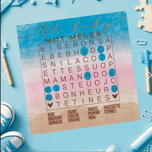 Puede incluir: Un fondo de acuarela azul y rosa con un crucigrama marrón. El crucigrama se titula "Oh baby MOT MÊLÉS" e incluye palabras como "bibérons", "calins", "jouets", "maman", "poussette", "tétines", "bébé", "couche", "doudou", "papa", "bonheur".