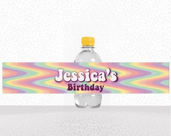 Botella de agua imprimible etiqueta retro groovy 70's boho, fiesta de cumpleaños, eventos, festival hippie, tie dye arco iris, festival de música, personalizado