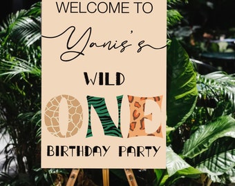 Cartel de bienvenida de safari, cumpleaños salvaje en la jungla, fiesta de safari de animales, imprimible digital
