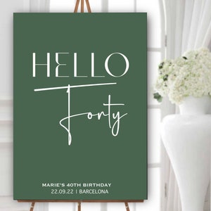 Hello forty minimalist welcome panel, digital file, anniversary event, printable custom 40th party