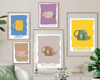 Coffee Gallery Wall Set of 5 Prints | Coffee Bar Art Prints Kitchen Decor Retro | INSTANT DOWNLOAD | Coffee Espresso Ceramic Collection