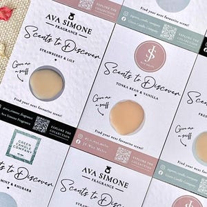 May include: A collection of rectangular fragrance sample cards featuring circular wax melt inserts in various colours. Each card displays brand names like Ava Simone, JS Wax Melts, and Green Candle Company, with text reading Scents to Discover.