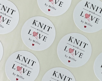 Personalised Knit With Love Sticker // 37mm knitted by sticker, Custom knitting labels, Wool business, Knitting hobby, Wool craft stickers