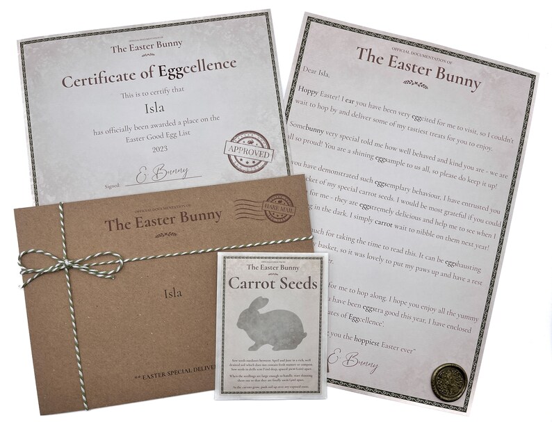 May include: A brown envelope with a green and white string tied around it. The envelope has a label that says "The Easter Bunny" and "Isla". There is a smaller card attached to the envelope that says "The Easter Bunny Carrot Seeds" and has a picture of a white rabbit.
