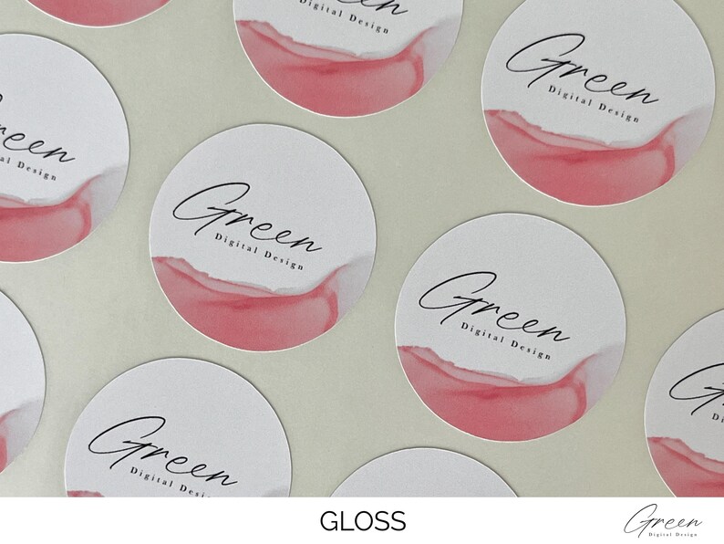 May include: Multiple circular stickers featuring a white background with a soft pink watercolor wash at the bottom. Each sticker displays the black cursive text Green above the smaller sans-serif text Digital Design in a clean, professional layout.