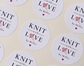 Personalised Knit With Love Sticker // 37mm knitted by sticker, Custom knitting labels, Wool business, Knitting hobby, Wool craft stickers