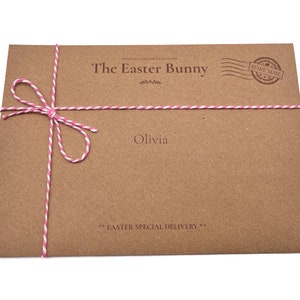 May include: A brown paper envelope with pink and white twine tied in a bow. The envelope has the text "The Easter Bunny" and "Olivia" printed on it. The envelope also has a stamp that says "Hare Mail".