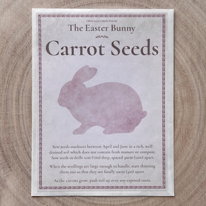 May include: A vintage-style seed packet with a pink bunny silhouette and the text "The Easter Bunny Carrot Seeds". The packet includes instructions for planting carrot seeds outdoors between April and June.