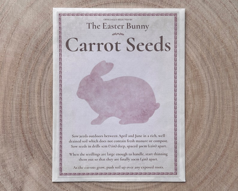 May include: A vintage-style seed packet with a pink bunny silhouette and the text "The Easter Bunny Carrot Seeds". The packet includes instructions for planting carrot seeds outdoors between April and June.