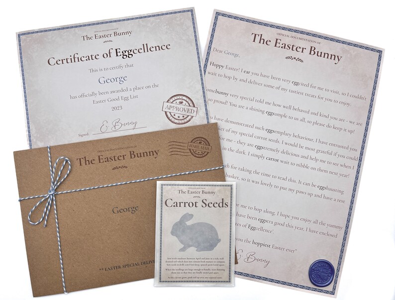 May include: A brown envelope with a blue ribbon tied around it. The envelope has a label that says "The Easter Bunny" and "George". There is a small card with a bunny silhouette and the text "The Easter Bunny Carrot Seeds".