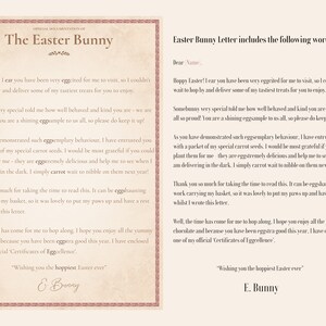 May include: A printable Easter Bunny letter template with a whimsical design. The letter includes a message from the Easter Bunny to a child, praising their good behavior and encouraging them to plant carrot seeds. The letter also includes a certificate of excellence.