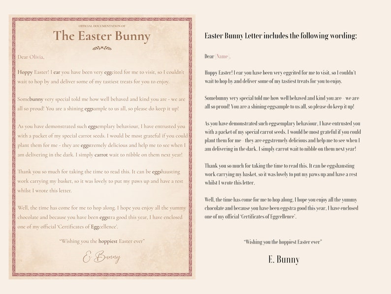 May include: A printable Easter Bunny letter template with a whimsical design. The letter includes a message from the Easter Bunny to a child, praising their good behavior and encouraging them to plant carrot seeds. The letter also includes a certificate of excellence.