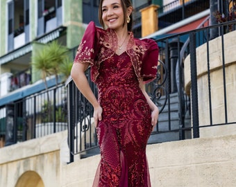 Rose Gold Sequin Filipiniana Gown | Prom Dress With Thigh Slit - Etsy Sweden