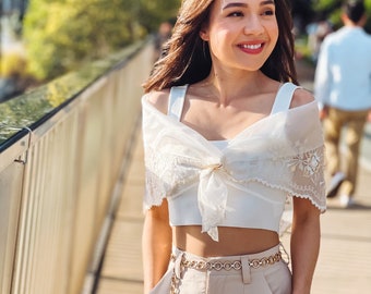 Alampay | 'Maria Clara' Ivory White Embroidered Organza Panuelo Kandungga Modern Filipiniana Shawl