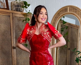 Luisa (rood) | Mestiza Bolero | Authentieke Filipiniana-kleding | Gemaakt in de Filipijnen, schepen uit Australië | Mestiza Filipina