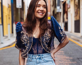 Filipiniana Bolero | 'Maria' Navy Blue Embroidered Organza Modern Filipiniana Butterfly Sleeves