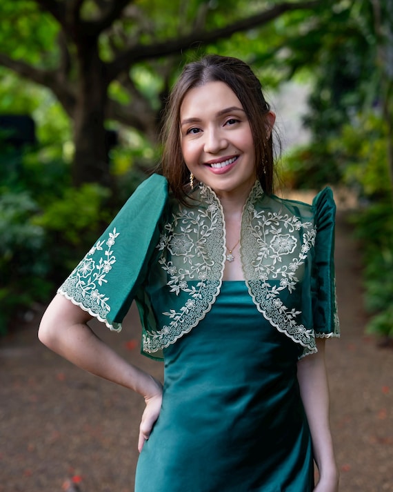 Filipiniana Bolero | 'Nene' Emerald Green Embroidered Organza Modern Filipiniana Butterfly Sleeves Filipiniana Bolero | 'Nene' Emerald Green Embroidered Organza Modern Filipiniana Butterfly Sleeves