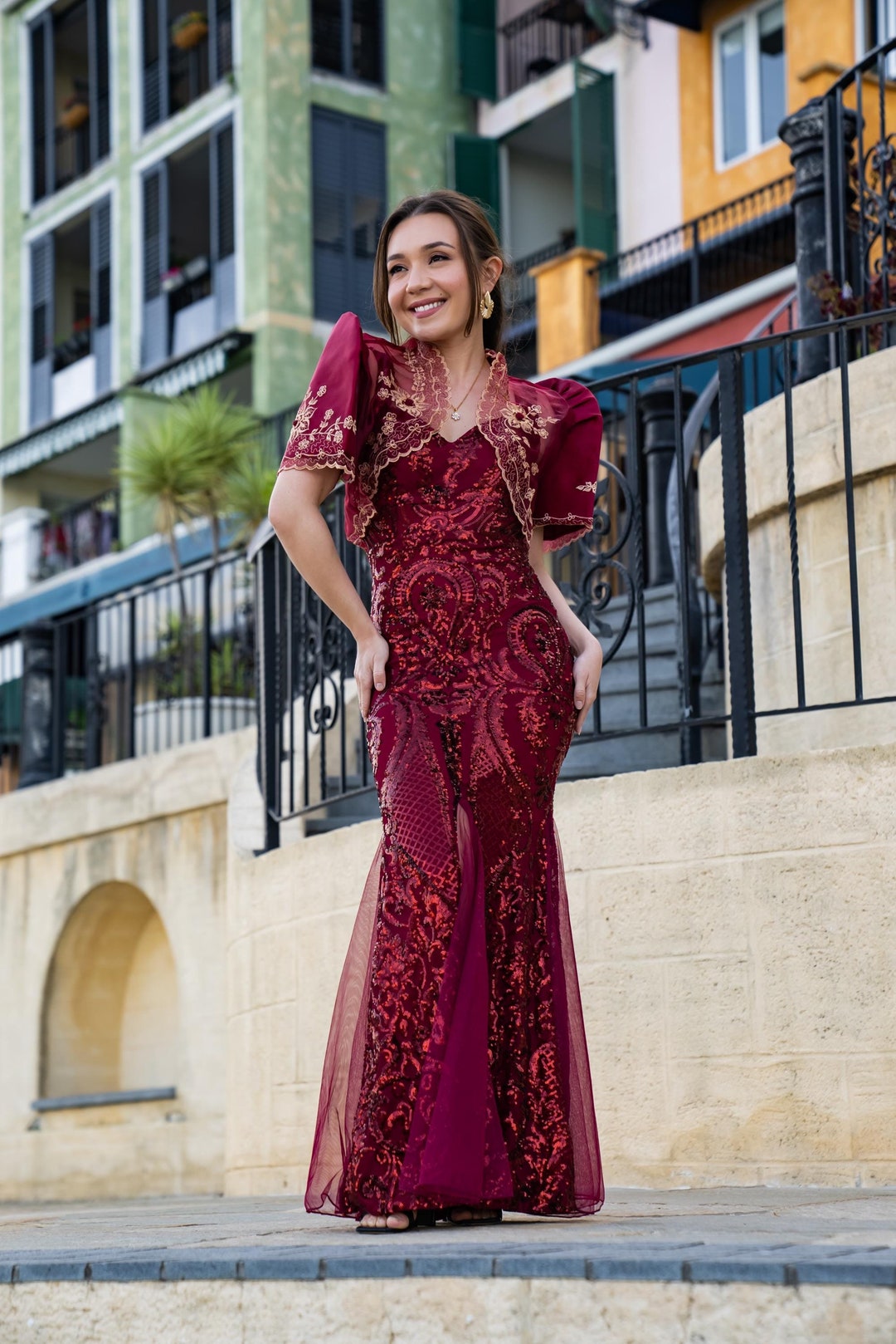 Burgundy 'Mayari' Sequin Gown | Filipiniana Bolero Sold Separate