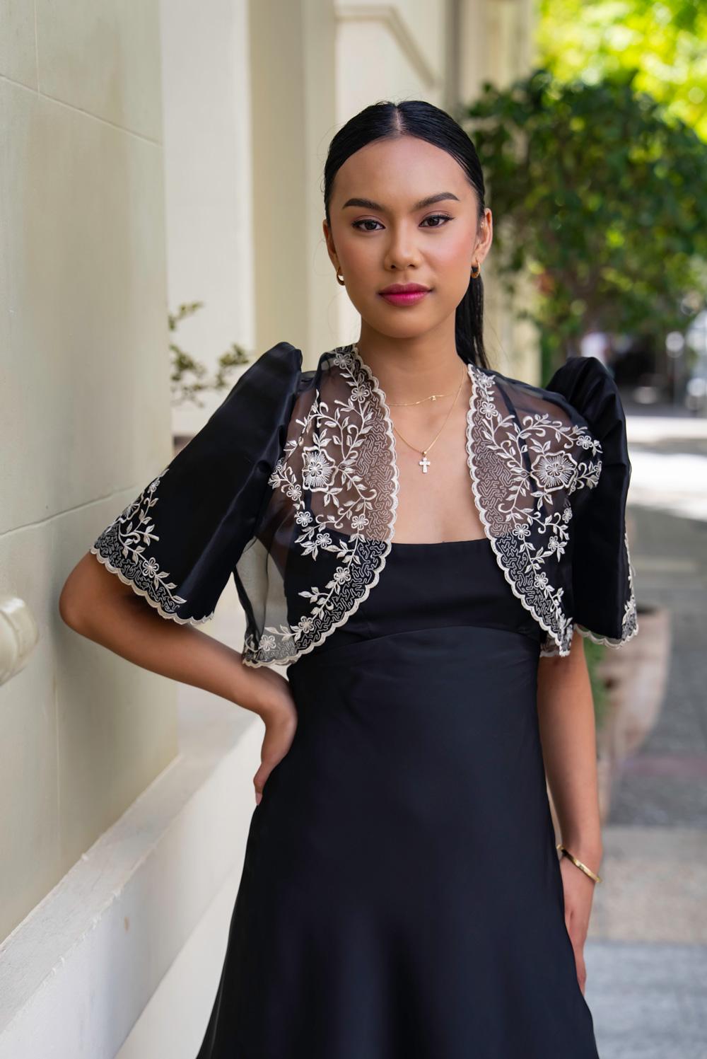 filipiniana dress black Filipiniana Costume Modern Filipiniana Cocktail Dress Black Duchess Filipiniana Dress Nicole
