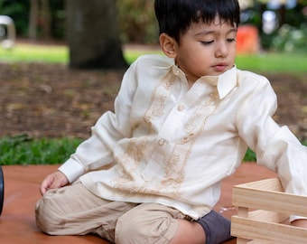 Children's Barong Tagalog | 'Antonito' Cream Organza Embroidered Formal Filipiniana Shirt