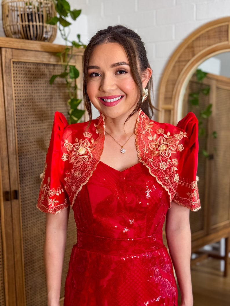 Luisa rood Mestiza Bolero Authentieke Filipiniana-kleding Gemaakt in de Filipijnen, schepen uit Australië Mestiza Filipina afbeelding 3