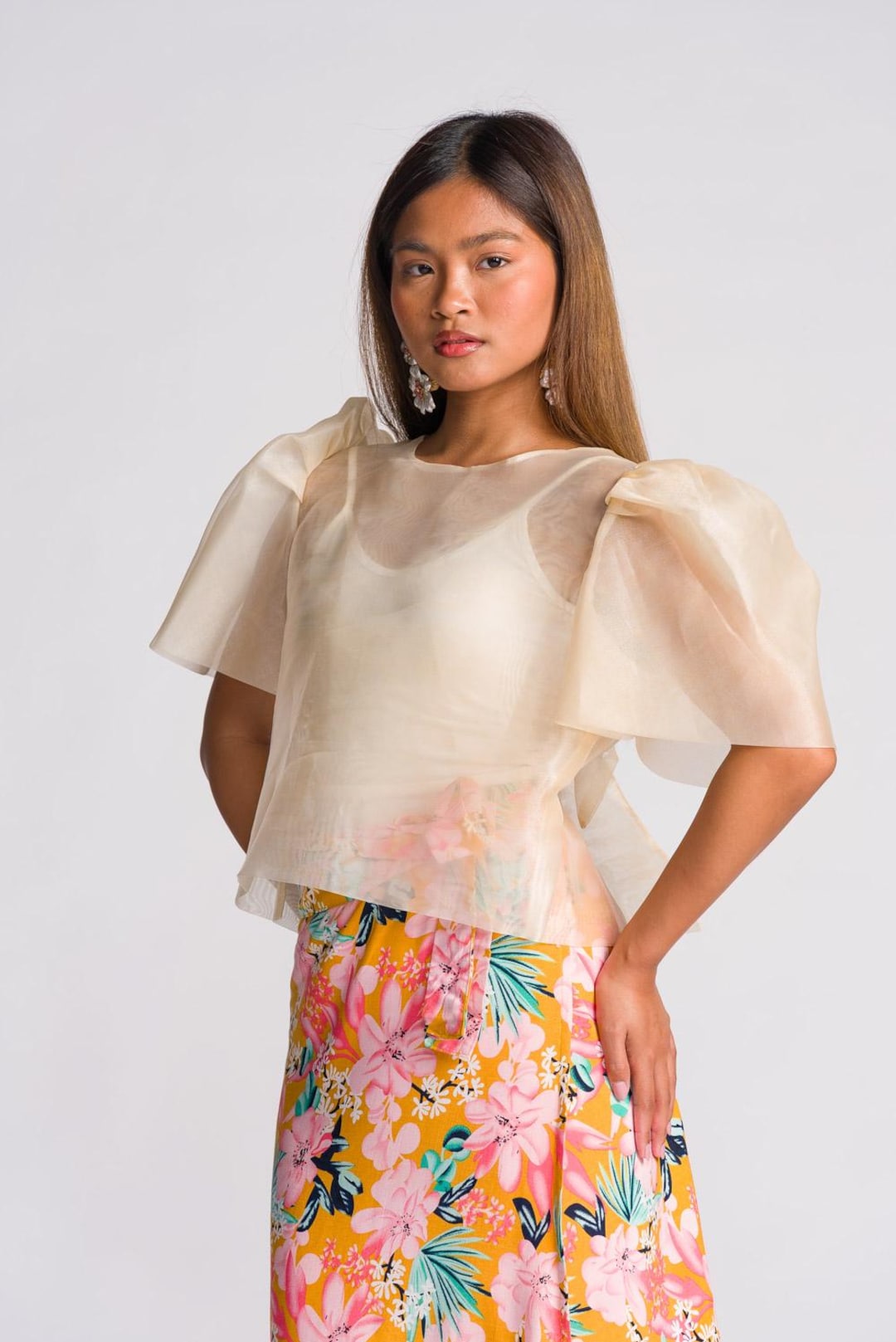Filipiniana Organza Blouse | Cream Puff Sleeve Top, Modern