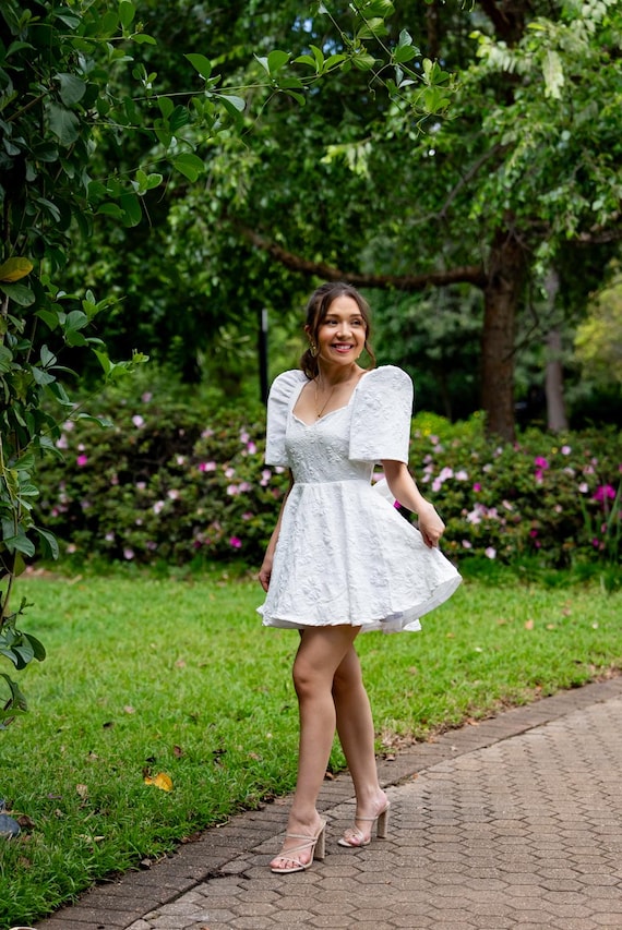Filipiniana Dress | 'Love' Snow White Mini Filipiniana Dress, Floral Jacquard, Modern Filipiniana Butterfly Sleeves, Heart Cutout and Bow