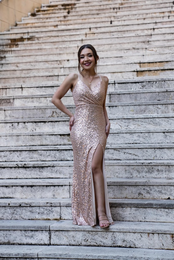 slim fit dress slacks Spaghetti Strap V Neck Rose Gold Sequins Long Prom Dresses with Split main image 1