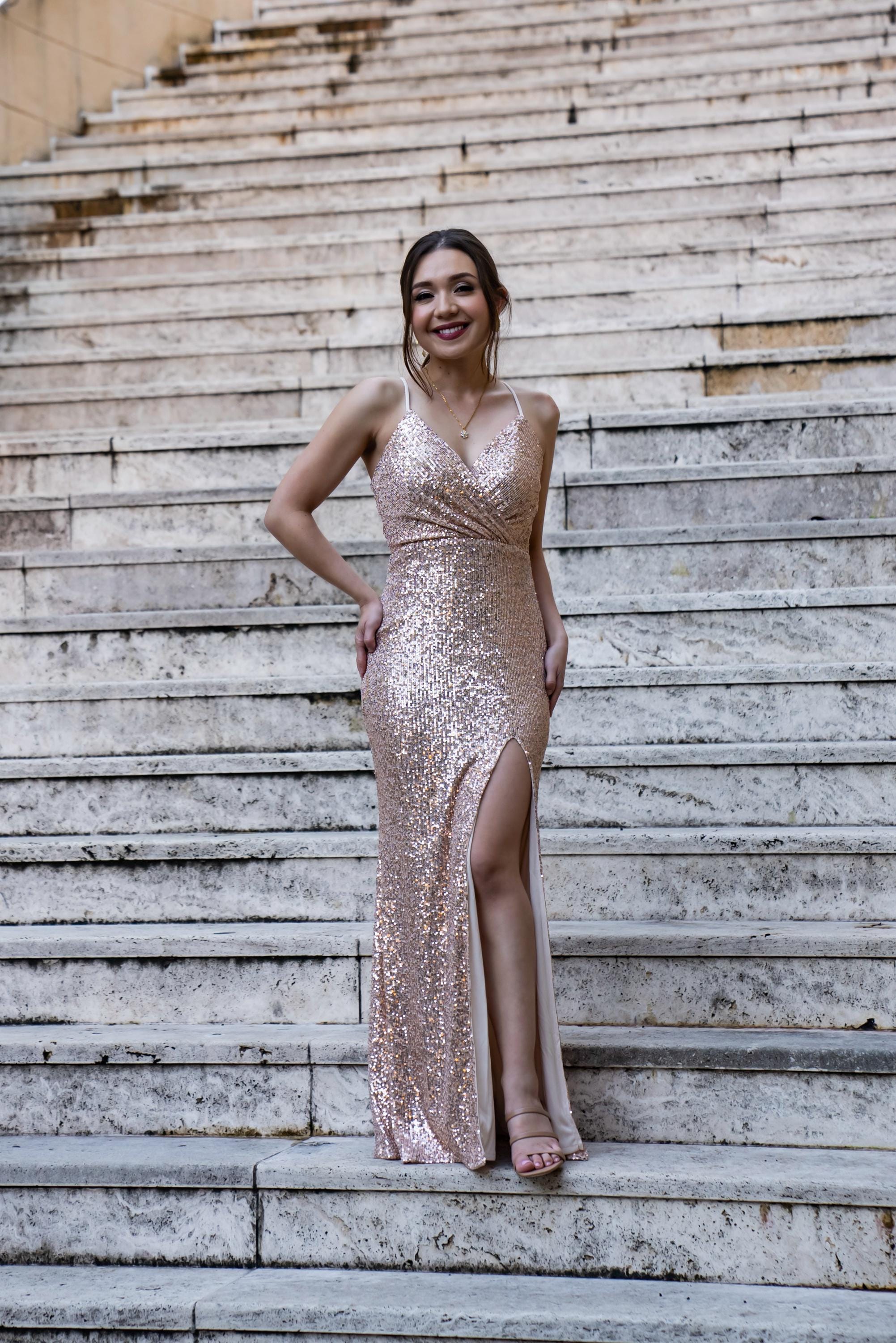 Rose Gold Sequin Filipiniana Gown | Formal Prom Dress with Slit