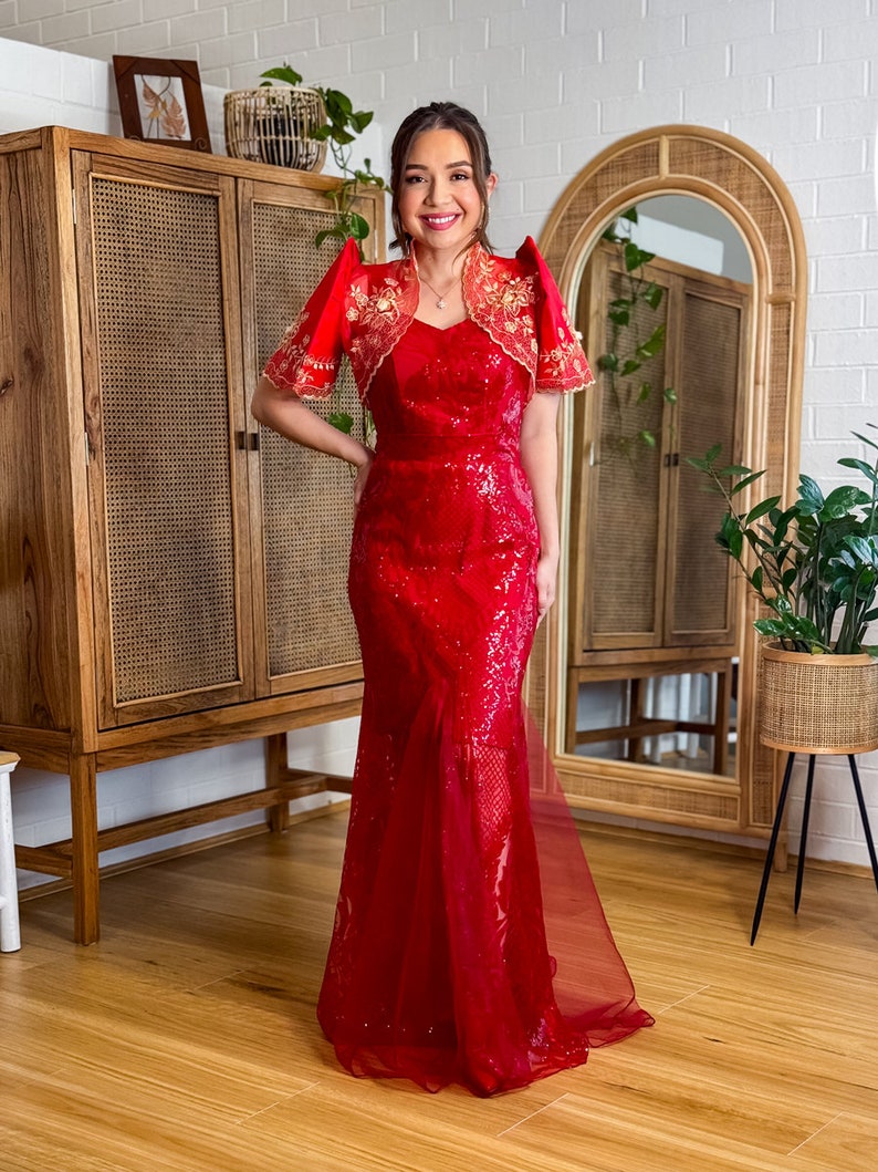 Luisa rood Mestiza Bolero Authentieke Filipiniana-kleding Gemaakt in de Filipijnen, schepen uit Australië Mestiza Filipina afbeelding 5