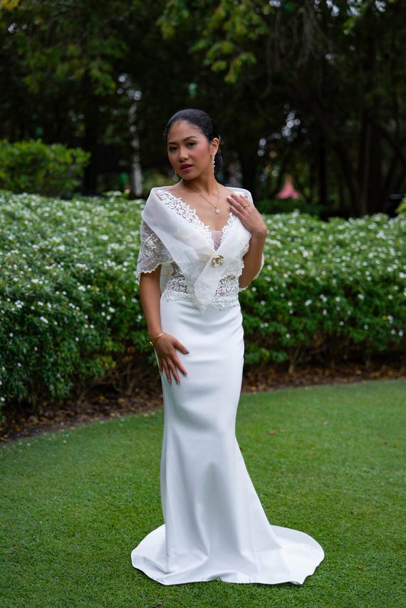 White 'Florence' Wedding & Bridal Gown | Filipiniana Bolero Sold Separate