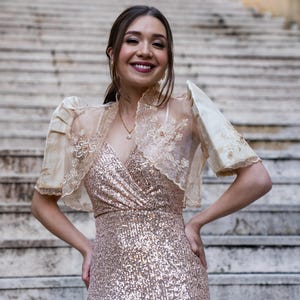 Rose Gold Sequin Filipiniana Gown | Formal Prom Dress with Slit