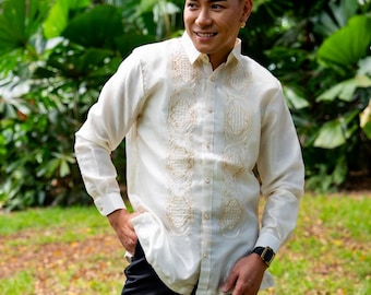 Barong Tagalog | 'Benicio' Long Sleeve Cream Embroidered Organza Formal Filipiniana Shirt
