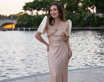 Rose Gold Sequin Filipiniana Gown | Prom Dress with Thigh Slit