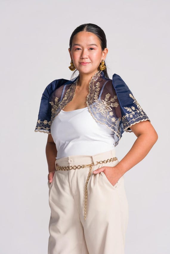 Filipiniana Bolero | 'luisa' Navy Blue Embroidered Organza Modern