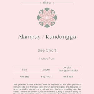 Puede incluir: Gr&aacute;fico de informaci&oacute;n del producto con el texto "MESTIZA filipina" en la parte superior, seguido de "Alampay / Kandungga". Una tabla de tallas muestra una longitud de 137,2 cm y un ancho de 49,5 cm. La prenda es de talla &uacute;nica.