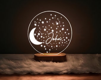 Veilleuse personnalisée lune et étoiles, veilleuse acrylique avec nom, veilleuse pour chambre de bébé, cadeau nouveau-né, veilleuse de bureau, décoration de chambre de bébé