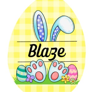 May include: A yellow and white checkered Easter egg with blue bunny ears and pink bunny feet. The name "Blaze" is written on a white banner.