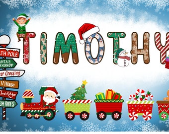 May include: A Christmas-themed personalized name sign with the name "TIMOTHY" in colorful letters decorated with Christmas motifs. The sign features a train with Santa Claus, a Christmas tree, and gift-filled cars. There are also signs with Christmas-themed destinations like "North Pole", "Santa's Workshop", and "Reindeer Crossing".
