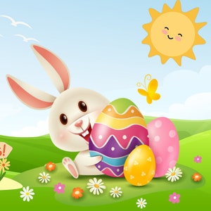 May include: A white bunny rabbit with pink ears holds a colorful Easter egg. The bunny is sitting on a green grassy field with flowers and a sign that says "EGGS!" There is a yellow butterfly flying in the air and a yellow sun with a smiling face in the background.