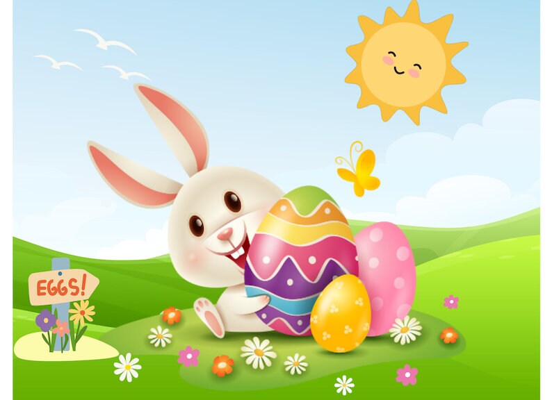 May include: A white bunny rabbit with pink ears holds a colorful Easter egg. The bunny is sitting on a green grassy field with flowers and a sign that says "EGGS!" There is a yellow butterfly flying in the air and a yellow sun with a smiling face in the background.