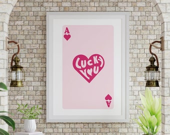 Impresión de arte de pared Pink Ace of Hearts, naipes, arte de pared vibrante, póster lúdico, fuente retro, arte de pared moderno, Lucky You, sala de juegos