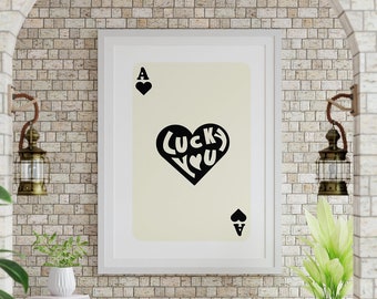 Stampa artistica da parete "Asso di cuori" in bianco e nero, carte da gioco, vivace arte da parete, poster giocoso, carattere retrò, arte moderna, fortunato te, sala giochi
